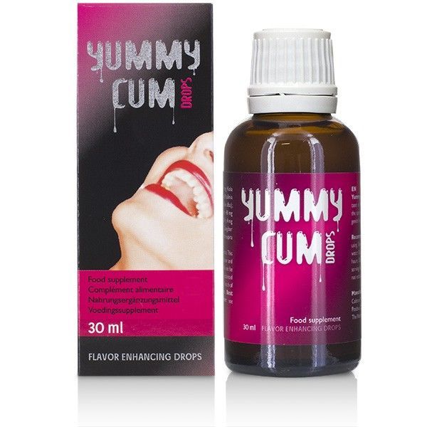 Braune Flasche und Schachtel. Aufschrift "Yummy Cum Drops". Rosa Etikett und Verpackung. Mund mit roten Lippen abgebildet.