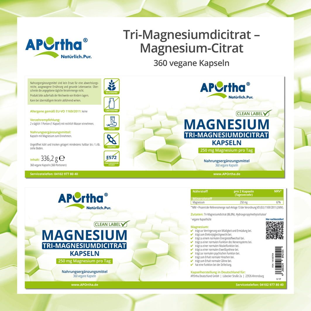 Produktetikett mit Text und Logos. Text: APOrtha®, Magnesium, Tri-Magnesiumdicitrat, 250 mg Magnesium pro Tag, 360 vegane Kapseln. Clean Label.