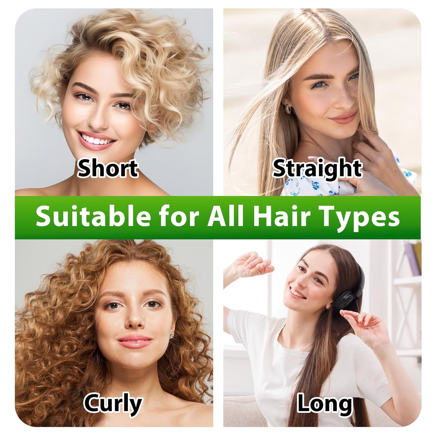 Vier Frauen mit verschiedenen Haartypen: kurz, glatt, lockig, lang. Text: Geeignet für alle Haartypen.