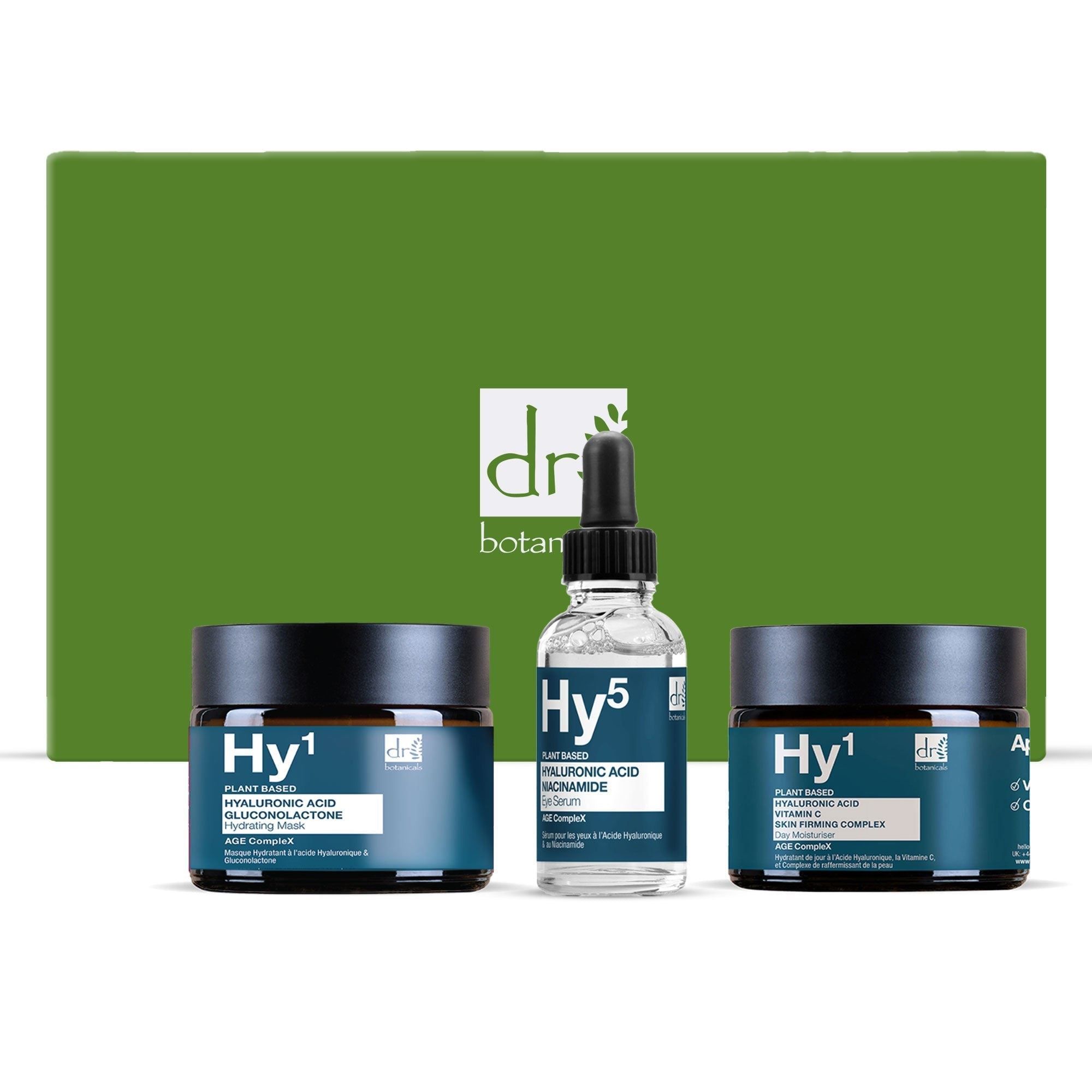 Dr. Botanicals Hyaluronic Acid Hautpflege-Geschenkset mit Serum und zwei Cremes.