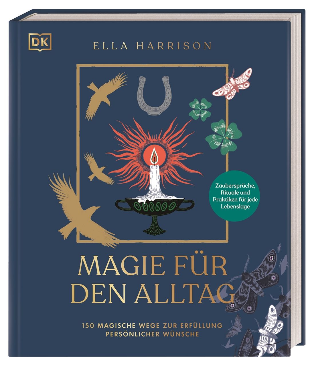 Buch mit dem Titel "Magie für den Alltag". Dunkelblauer Einband mit Illustrationen und goldfarbenem Text. Verlag DK.
