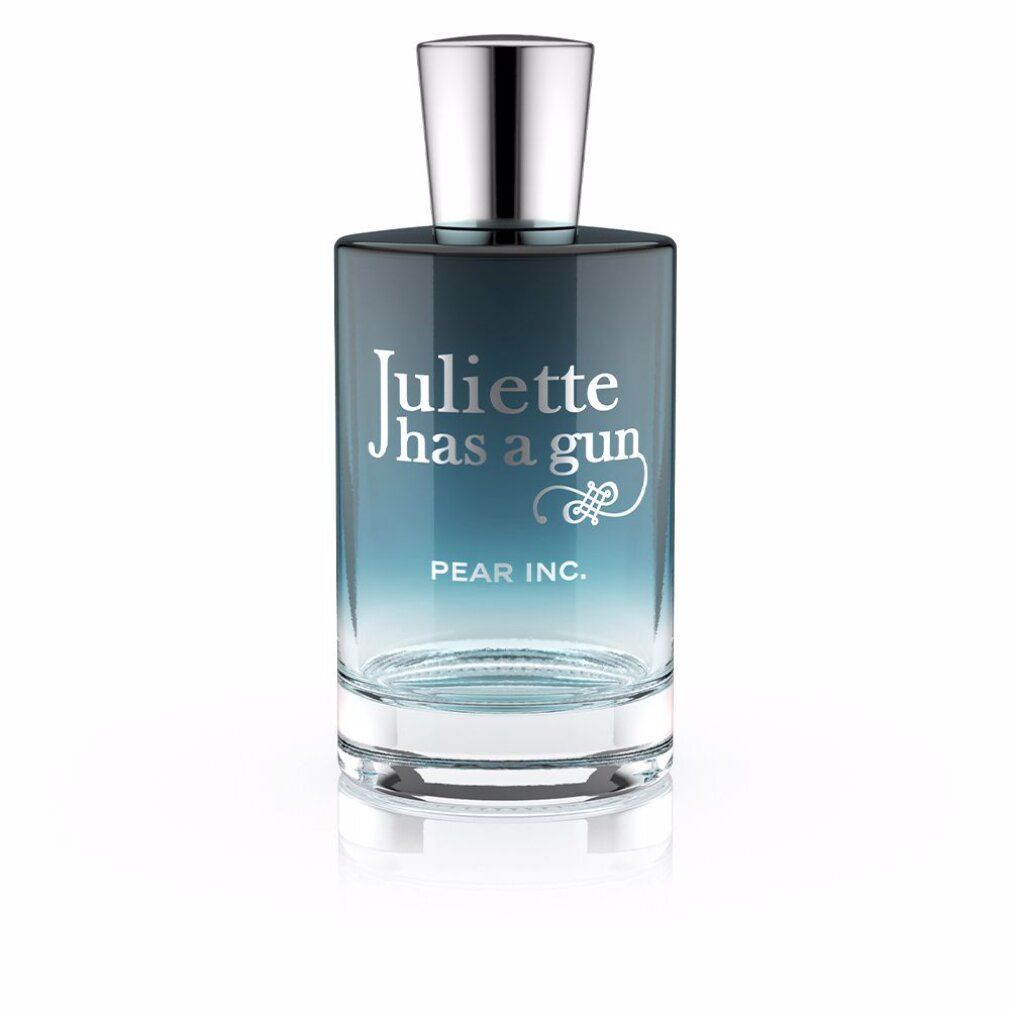 Glasflakon mit silbernem Deckel. Aufschrift: Juliette has a gun, Pear Inc. Farbverlauf von blau nach transparent.