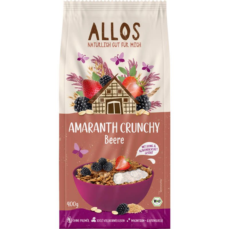 Verpackung mit Allos Amaranth Crunchy Beerenfrucht. Aufdruck mit Produktnamen, Früchten und Schüssel mit Müsli. Bio-Siegel.