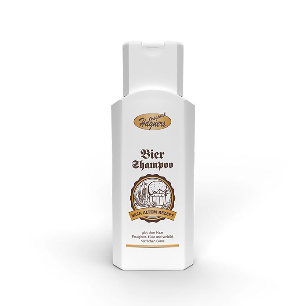 Weiße, achteckige Flasche mit Klappverschluss. Aufschrift "Original Hagners Bier Shampoo" und Logo. Braune Illustration mit Text "Nach altem Rezept".