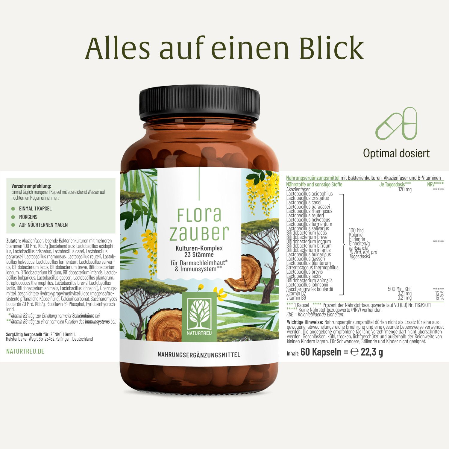 Brauner Flakon mit Flora Zauber Kulturen-Komplex Nahrungsergänzungsmittel, Inhaltsstoffe.