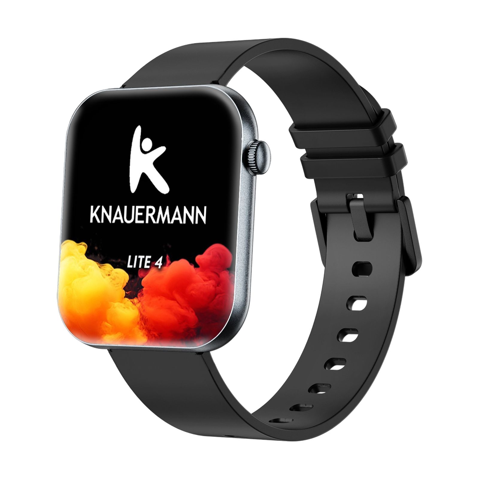 Knauermann Lite 4 Smartwatch mit schwarzem Armband und farbigem Zifferblatt.