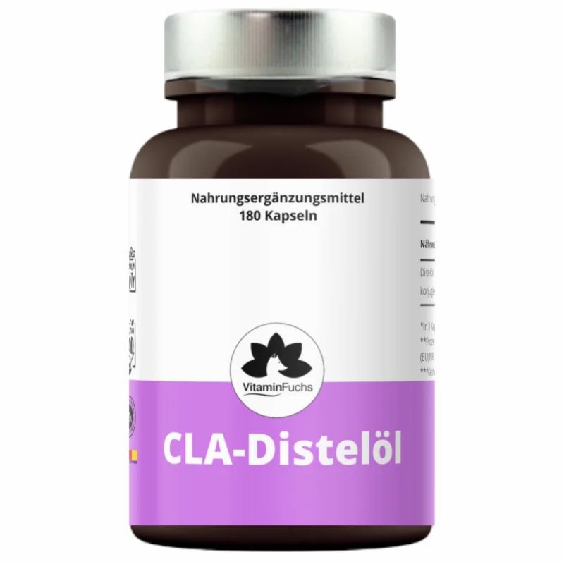 Braune Flasche mit CLA-Distelöl Kapseln von VitaminFuchs. Lila Etikett mit Produktname und Logo.