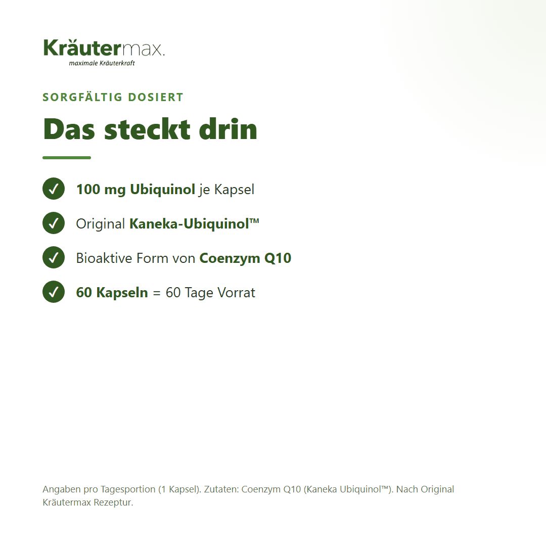 Liste mit Haken: 100 mg Ubiquinol, Original Kaneka-Ubiquinol, Bioaktive Form, 60 Kapseln.