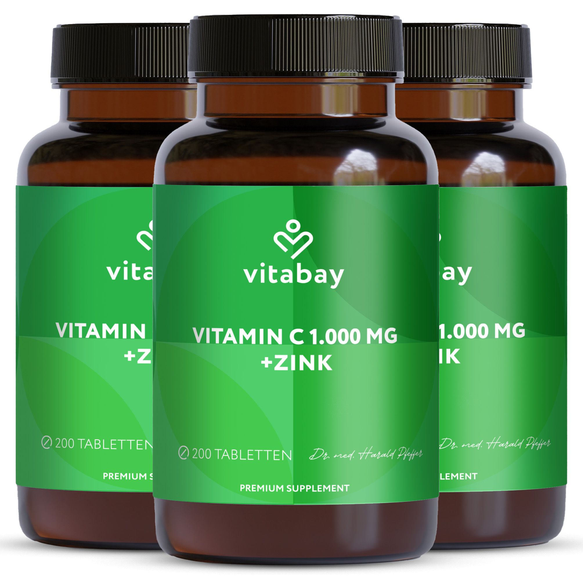 Drei Flaschen Vitabay Vitamin C 1.000 mg + Zink. Enthält 200 Tabletten. Premium Supplement.