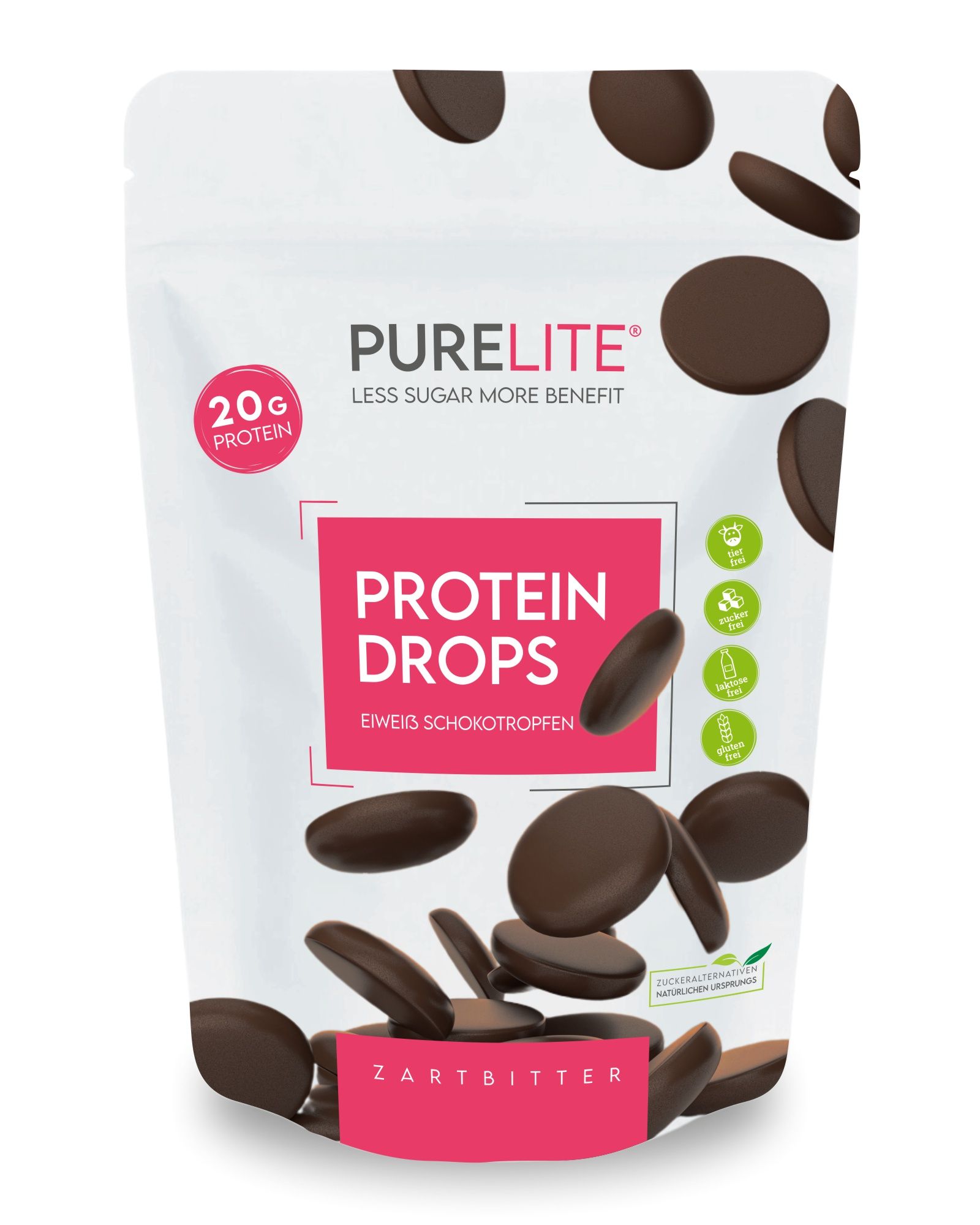Weiße Tüte mit PURELITE Protein Drops Zartbitter. Aufdruck: 20g Protein, Protein Drops, Zartbitter. Schokodrops verstreut.