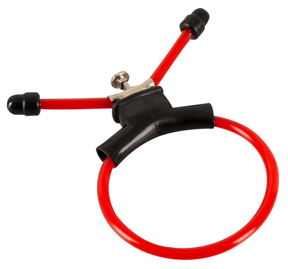 Roter Ring mit schwarzem Halter und drei roten Stäben mit schwarzen Enden.