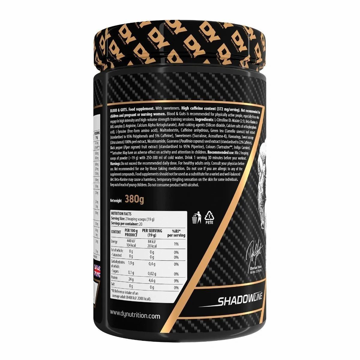 Rückseite der Dose DY Nutrition Blood & Guts. Schwarzer Behälter mit goldfarbenen Details. Enthält Nährwertangaben und Warnhinweise. 380g.