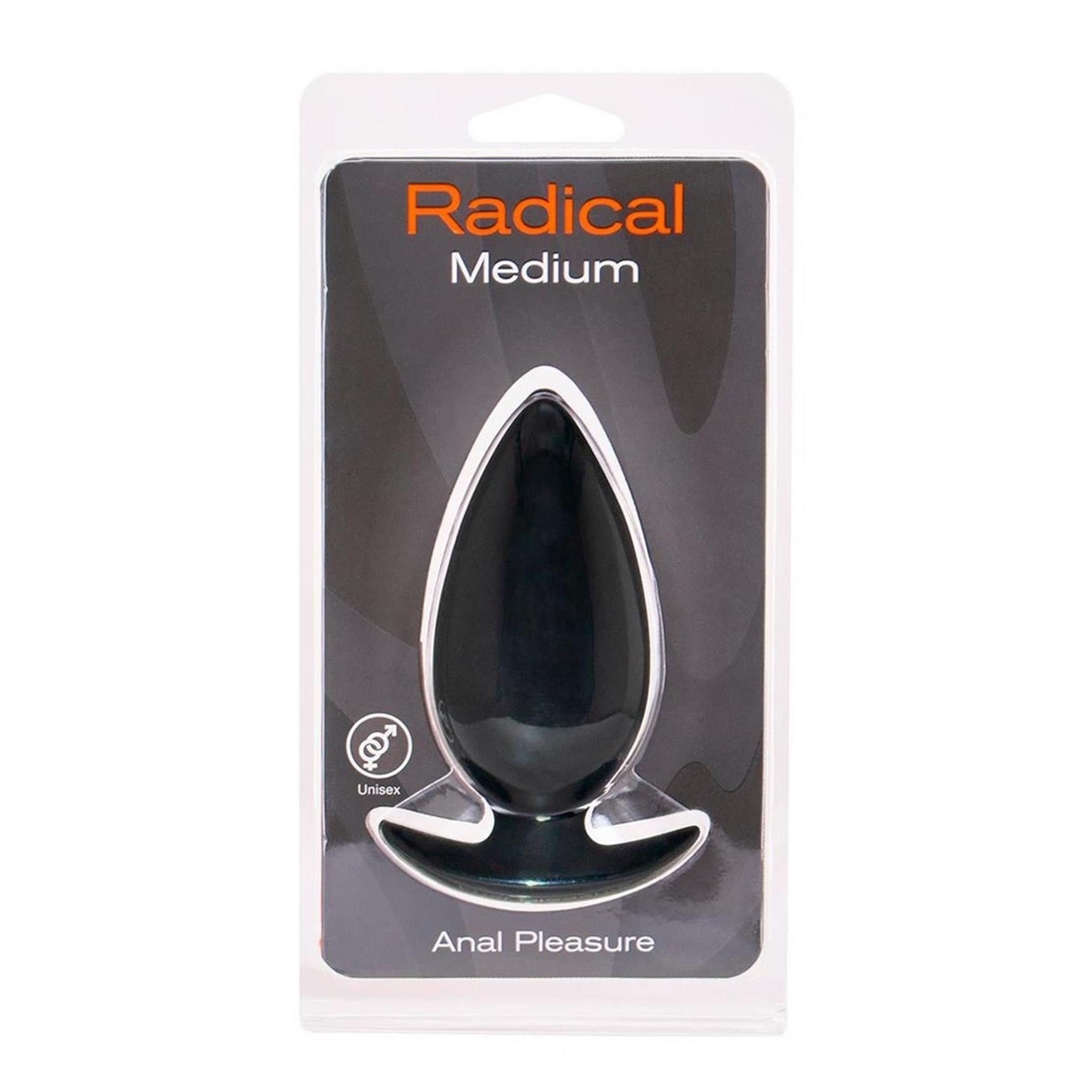 Schwarzer Analsex-Plug in Blisterverpackung. Mit silberfarbenem Rand und Basis. Aufschrift: Radical Medium, Unisex, Anal Pleasure.