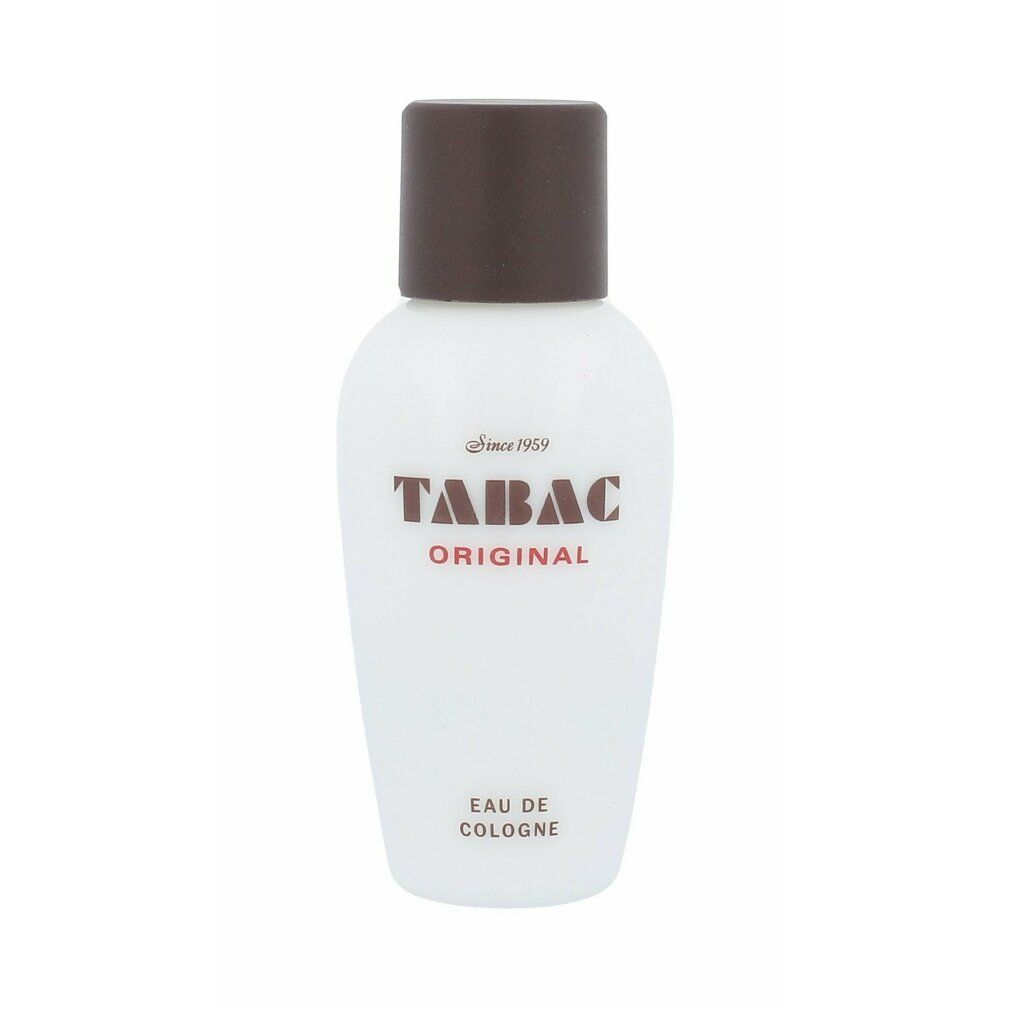 Weiße Flasche mit braunem Deckel. Aufschrift: TABAC ORIGINAL, Eau de Cologne. Seit 1959.