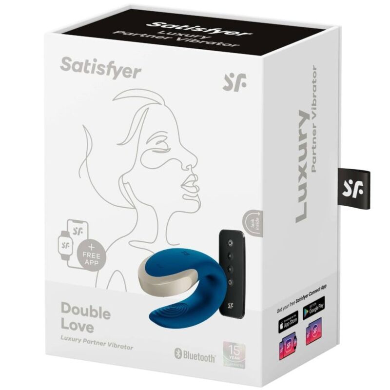 Verpackung von Satisfyer Double Love. Weißer Karton mit Produkt und Logo. Bluetooth-Logo.
