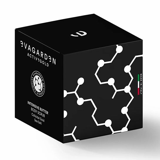 Schwarzer Karton mit weißem Muster und Produktinformationen. Logo und Produktname deutlich sichtbar.