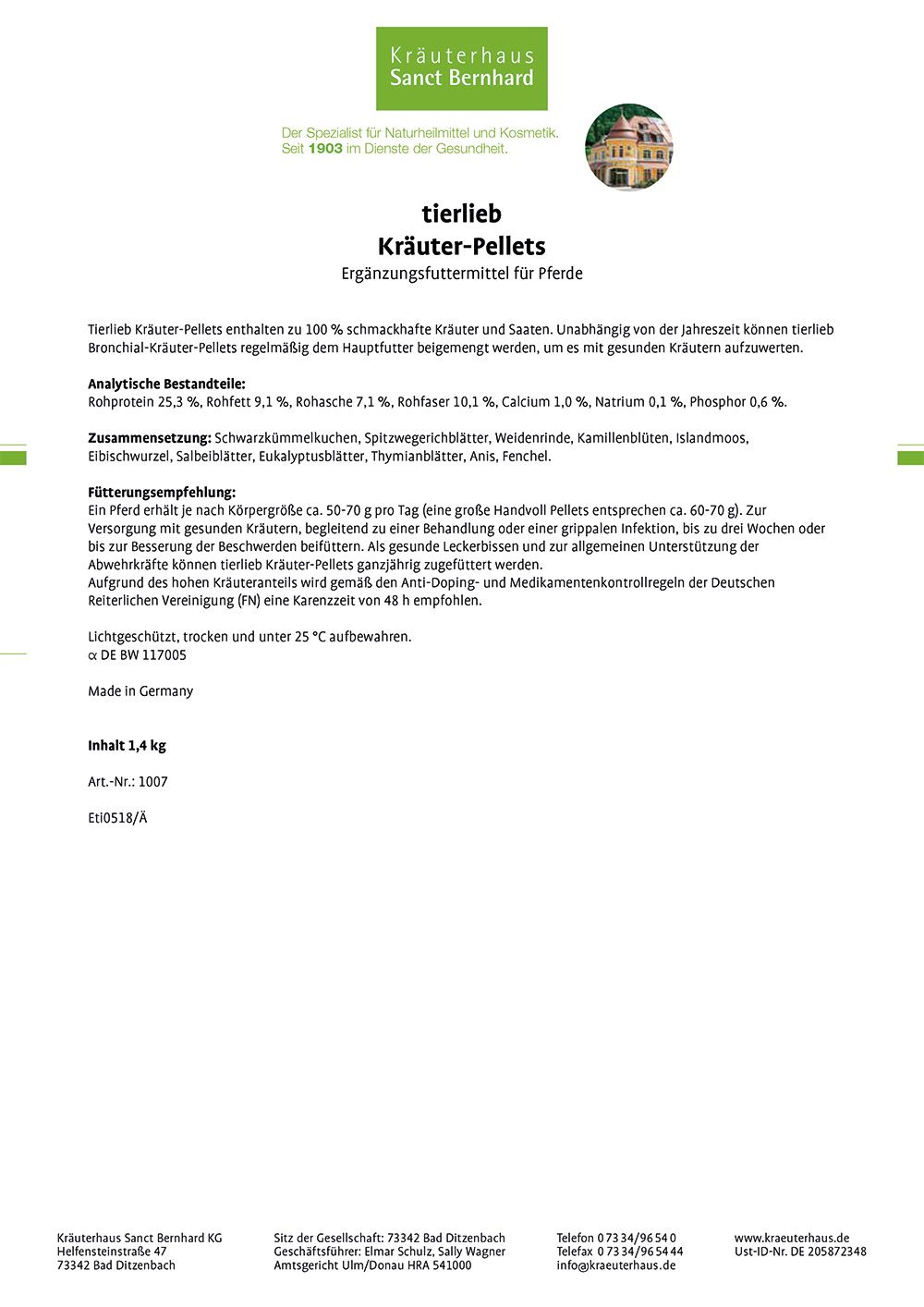 Sanct Bernhard tierlieb Kräuter-Pellets für Pferde