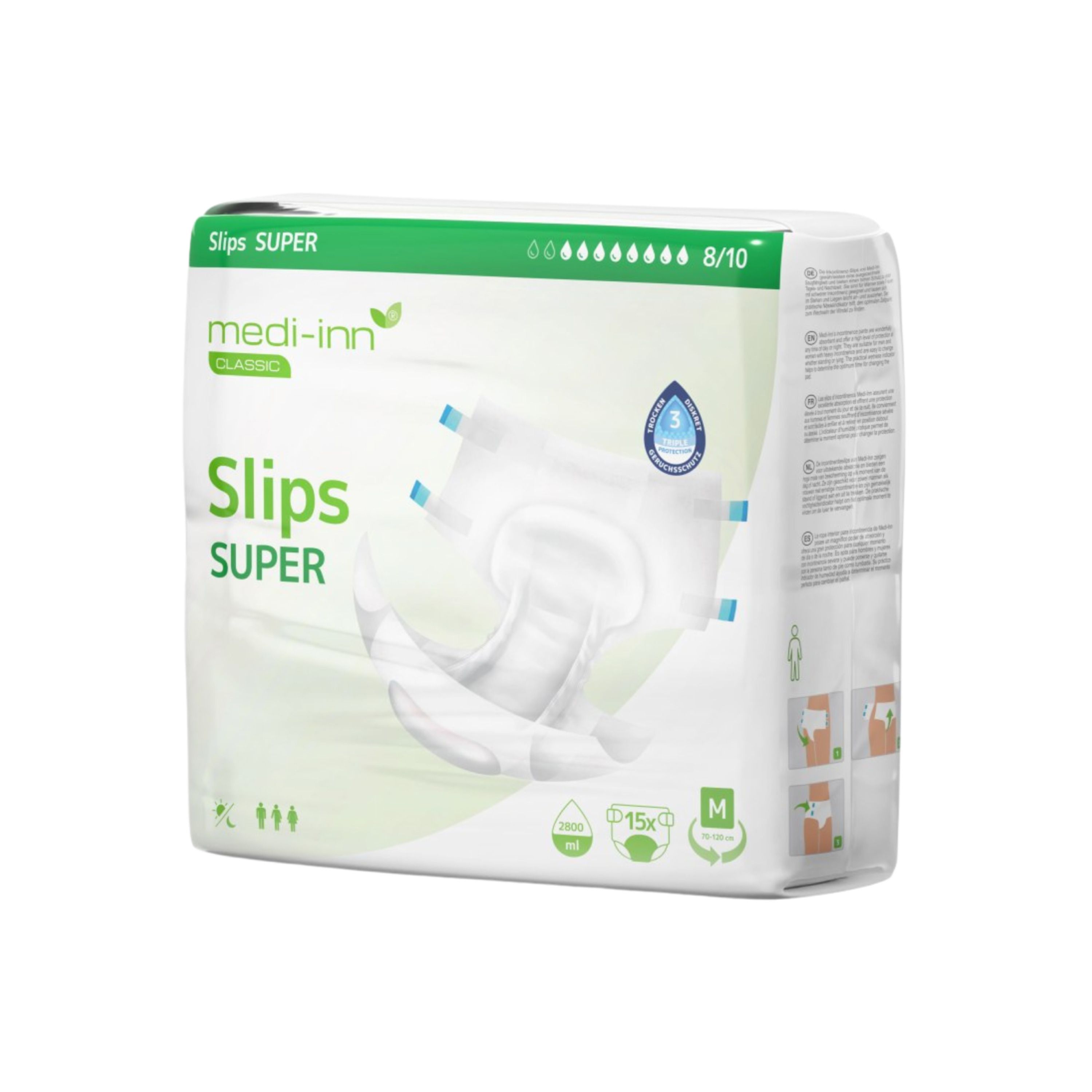 Verpackung von Medi-Inn Slips SUPER. Aufdruck: Slips SUPER, 8/10 Tropfen, Größe M.