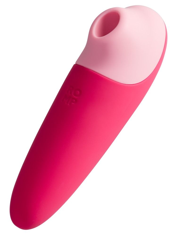 Rosa Vibrator mit rosa Kopf. Auf dem Produkt steht ROMP.