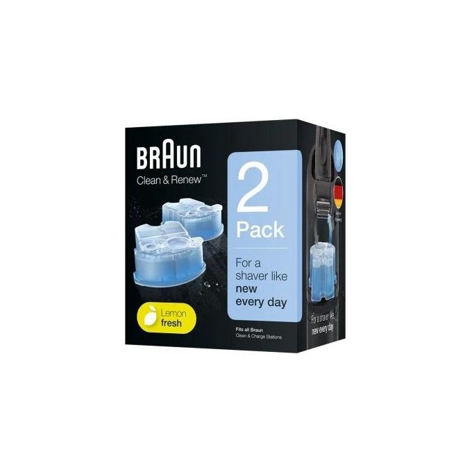 Verpackung mit zwei Nachfüllkartuschen. Blaue Kartuschen, schwarze Verpackung mit Markenlogo und Produktbezeichnung. "Lemon fresh".