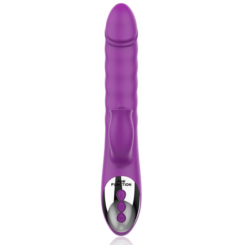 Lila Vibrator, Ansicht von oben. Mit geriffelter Oberfläche, gebogener Spitze und drei Knöpfen mit der Aufschrift "FUN FUNCTION".