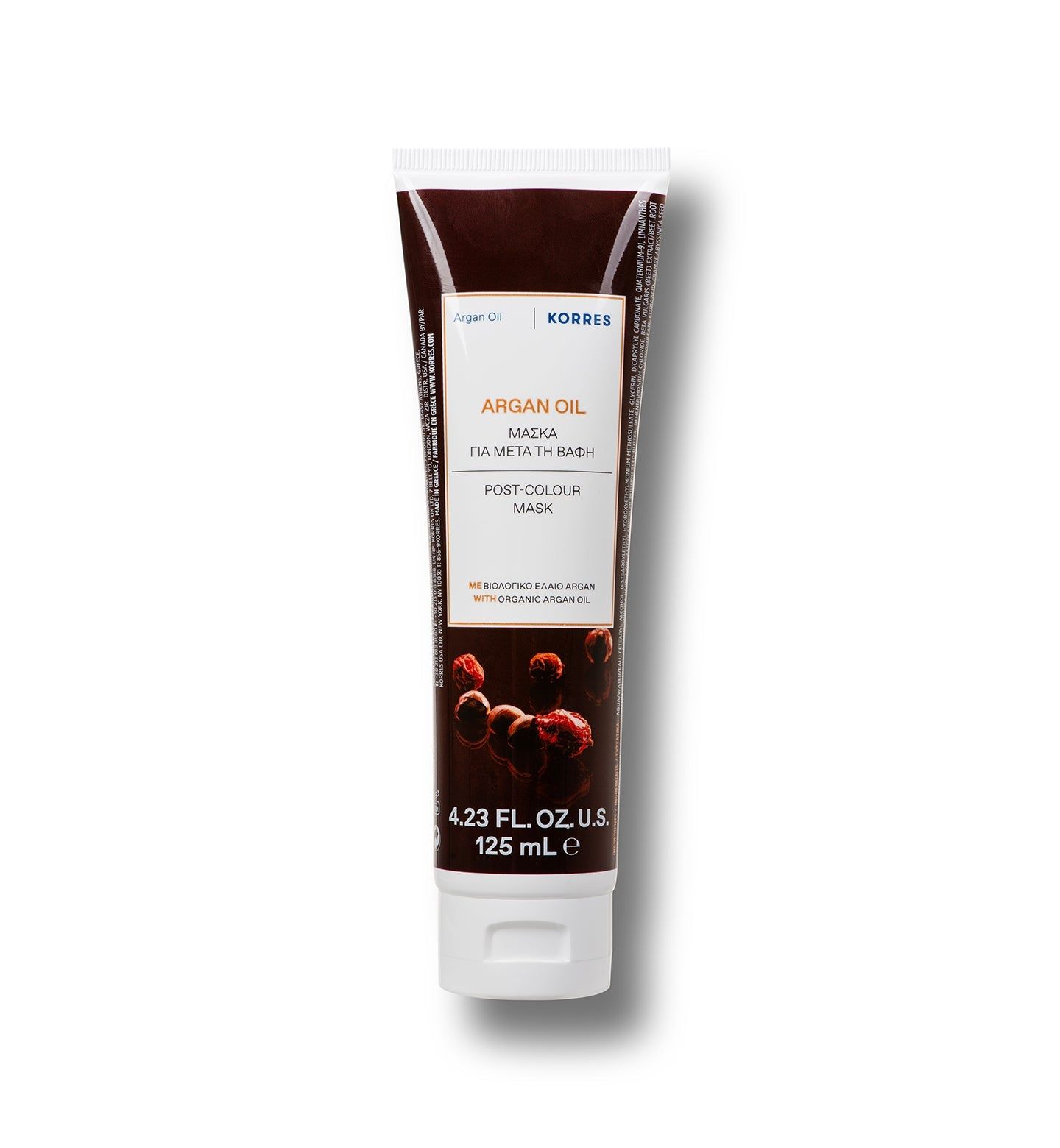 Haarmaske in Tube. Braune Tube mit weißem Deckel. Aufschrift: Argan Oil, Post-Colour Mask. Marke: KORRES. Volumen: 125 ml.