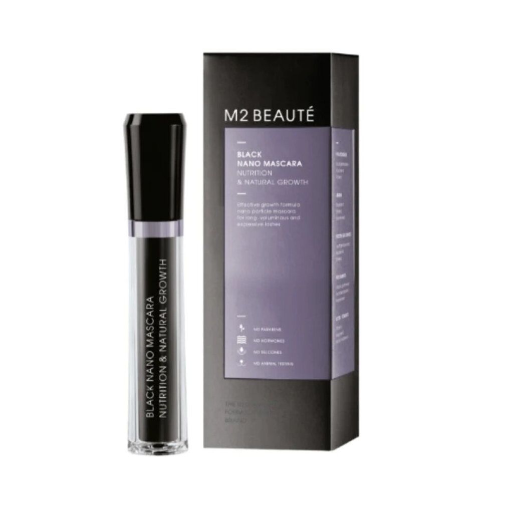 Mascara-Flakon und Schachtel. Schwarze Mascara mit schwarzem Deckel. Auf der Schachtel steht M2 BEAUTÉ und BLACK NANO MASCARA.