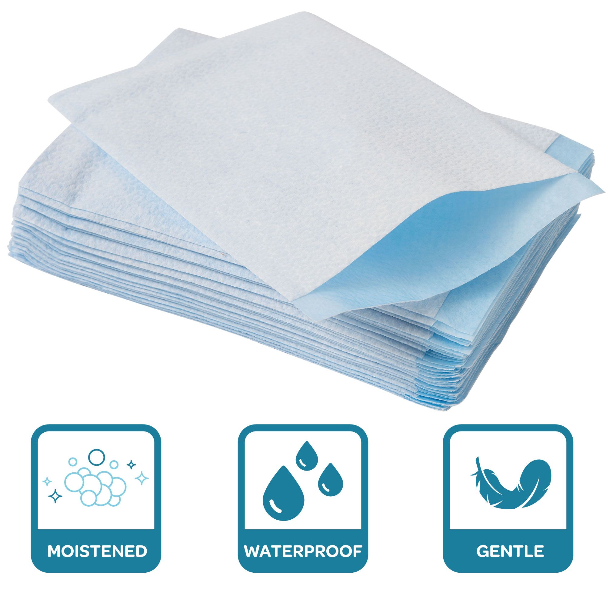 Stapel washandjes. Symbolen: Bevochtigd, waterdicht, zacht.