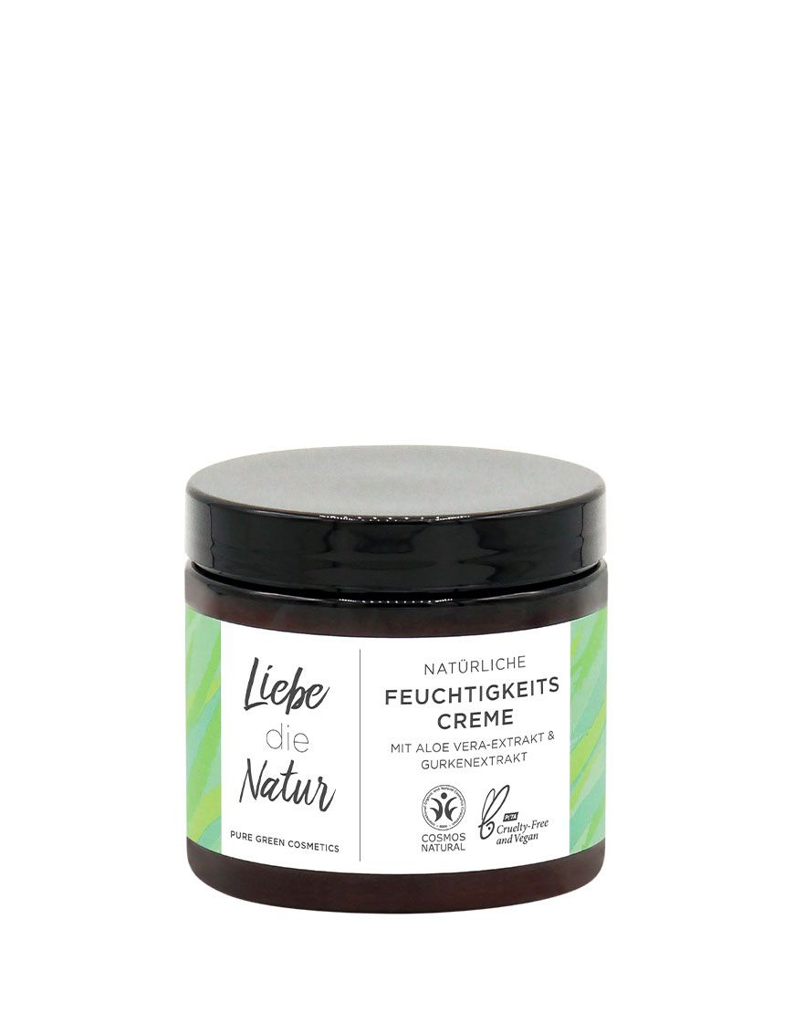 Dunkles Creme-Glas mit schwarzem Deckel. Aufschrift: Liebe die Natur, Feuchtigkeitscreme. Grün-weißes Etikett mit Logos.