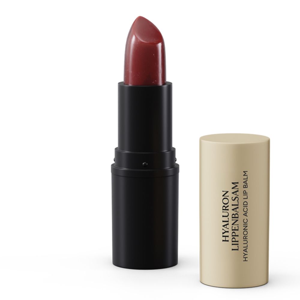 Hyaluron Lippenbalsam, geöffnet. Schwarzer Stift, roter Balsam, goldfarbene Kappe mit Schriftzug.
