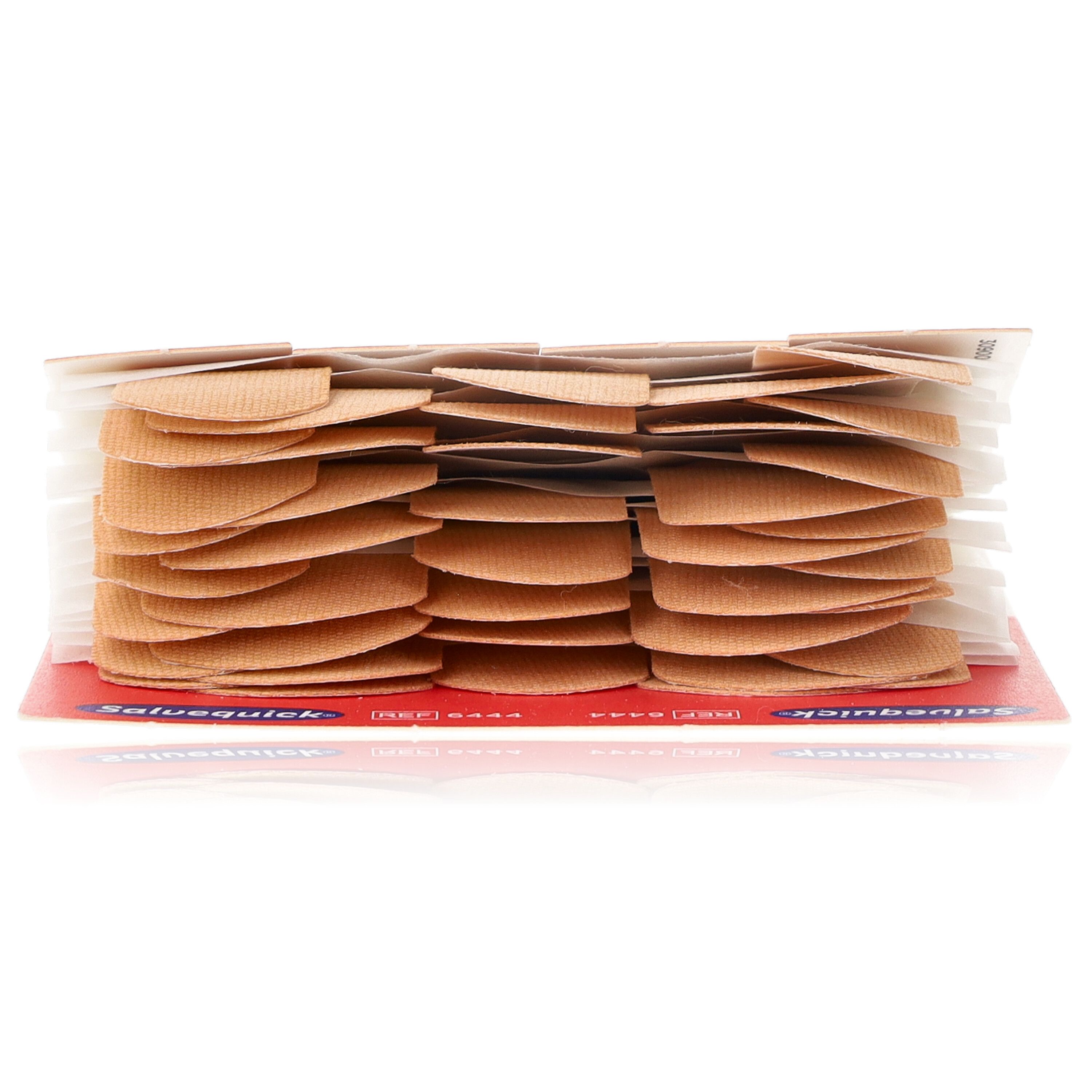 Salvequick-Pflasterstreifen, seitliche Ansicht. Beige Textilpflaster in transparenten Folien verpackt. REF 6444.