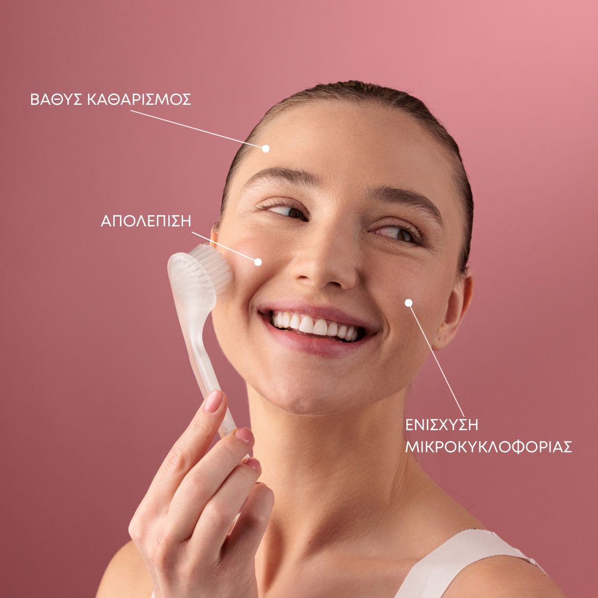 Frau mit Reinigungsbürste an der Wange. Griechischer Text: Tiefenreinigung, Peeling, Verbesserung der Mikrozirkulation.