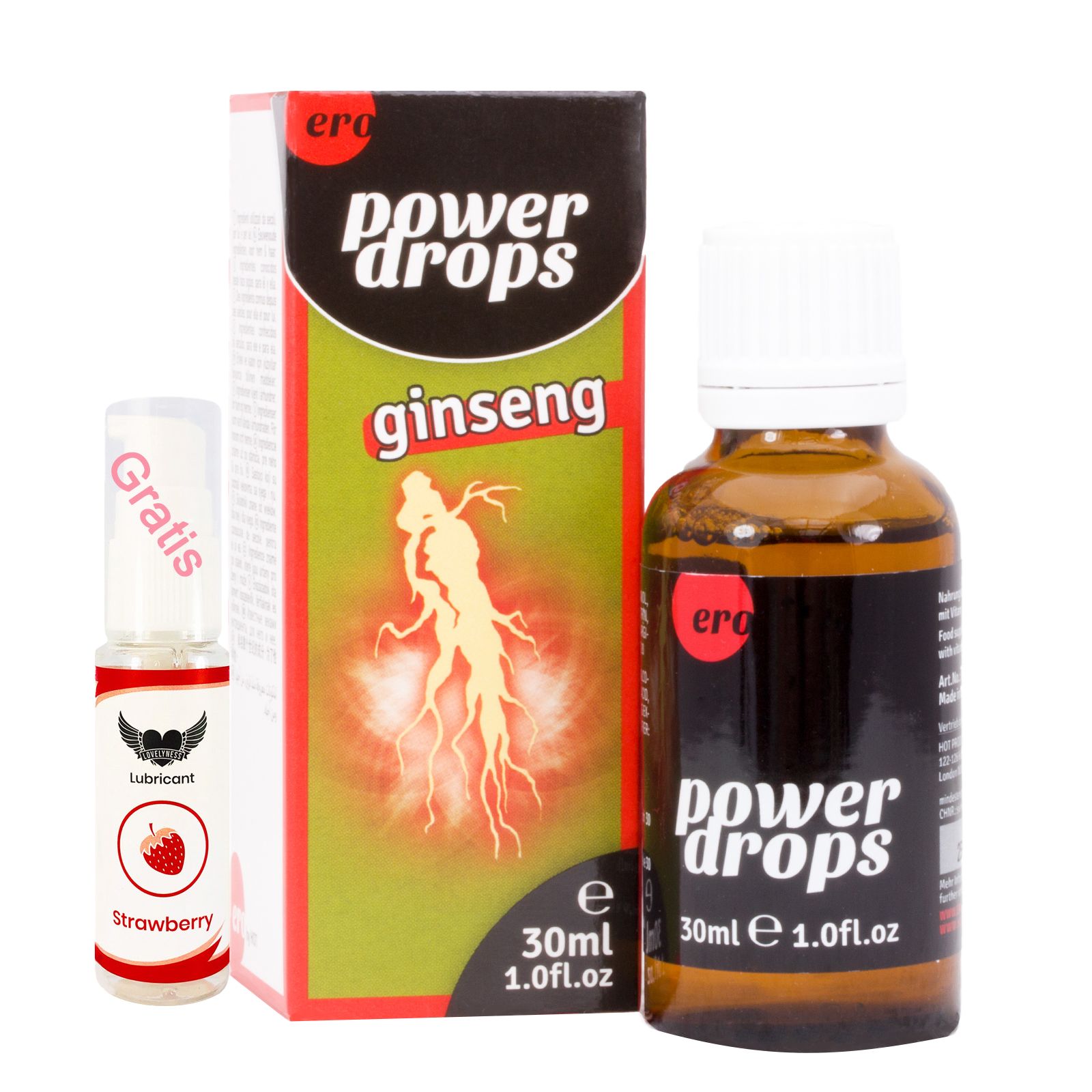 Tropfenflasche und Verpackung. Aufschrift: Power Drops Ginseng. Gratis-Lubricant-Probe.