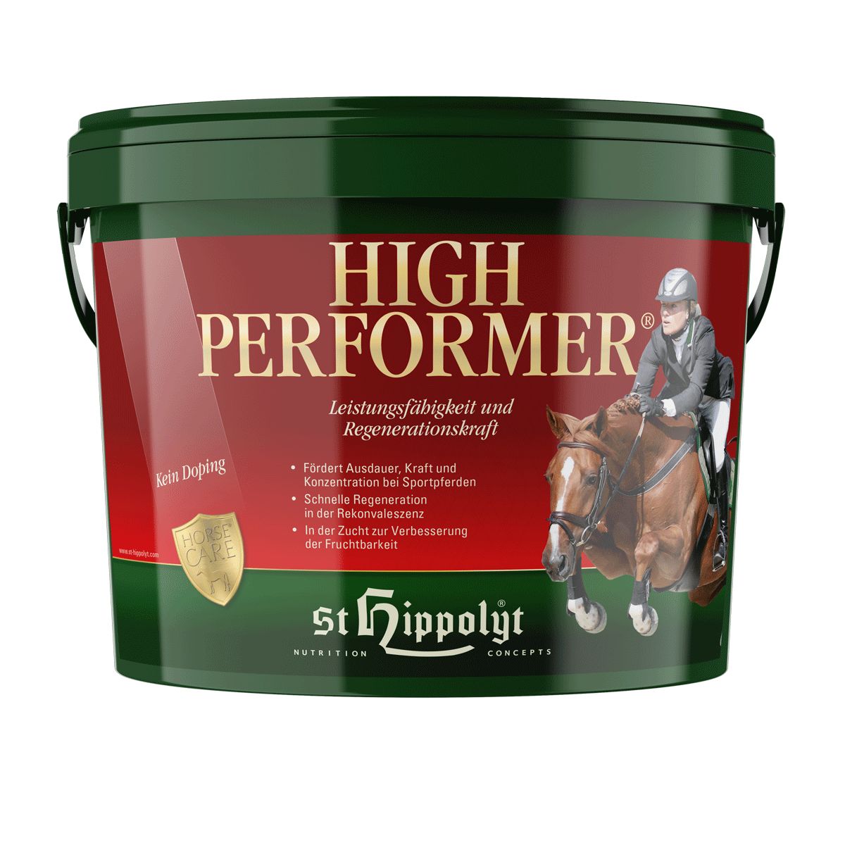 Grüner Eimer mit Aufschrift "HIGH PERFORMER". Abbildung eines Pferdes mit Reiter. Text: "St. Hippolyt".
