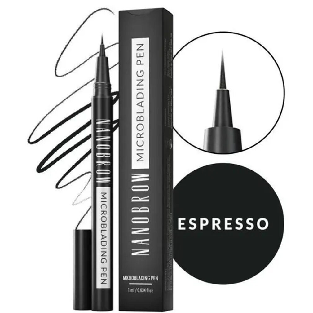 Schwarzer Stift mit der Aufschrift "Nanobrow Microblading Pen". Schwarze Verpackung mit Produktnamen und "Espresso" in einem Kreis.