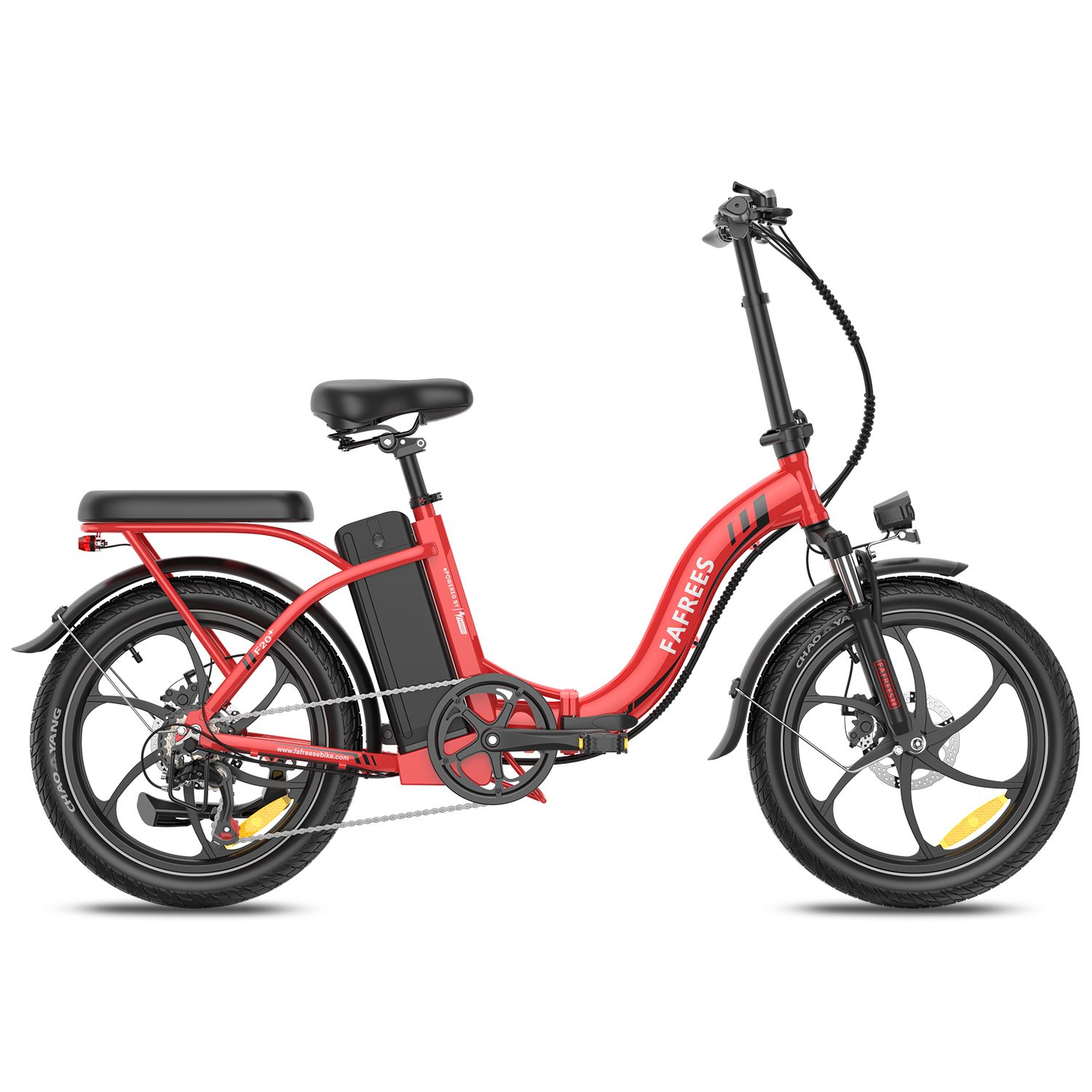 Rotes Fafrees F20+ Klapp-E-Bike. Schwarze Reifen, Sattel und Akku. Sichtbare Marke.