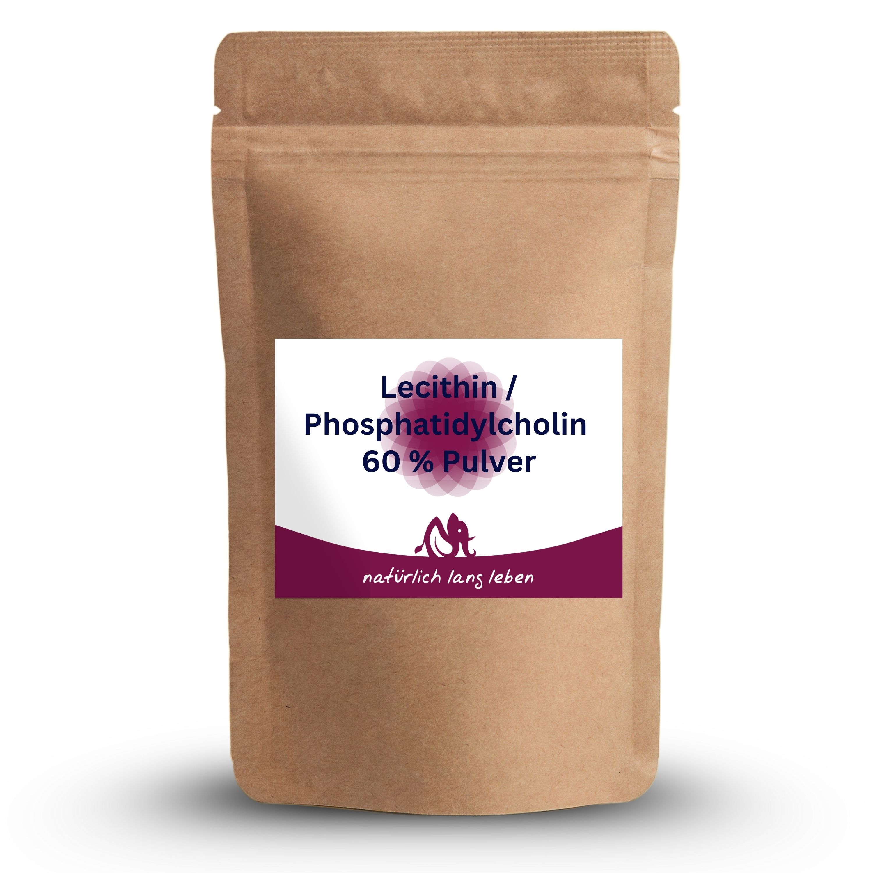 Braune Standbodenbeutel mit weißem Etikett. Aufschrift: Lecithin / Phosphatidylcholin 60 % Pulver. Logo: natürlich lang leben.