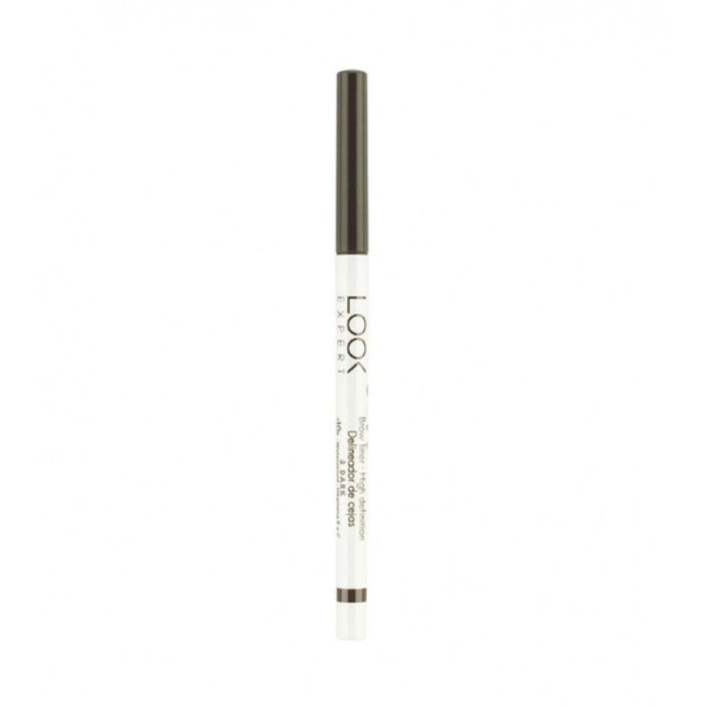 Brauenstift. Weißer Stift mit brauner Spitze und Kappe. Aufschrift: LOOK. Brow Liner High Definition 3 Dark.