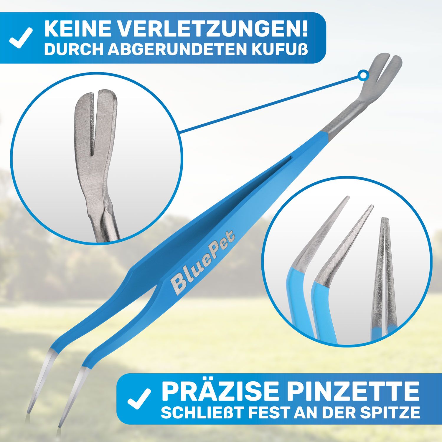 Blaue Zeckenpinzette mit Detailansichten. Präzise Pinzette mit abgerundetem Kopf und Spitze. Aufschrift: BluePet.