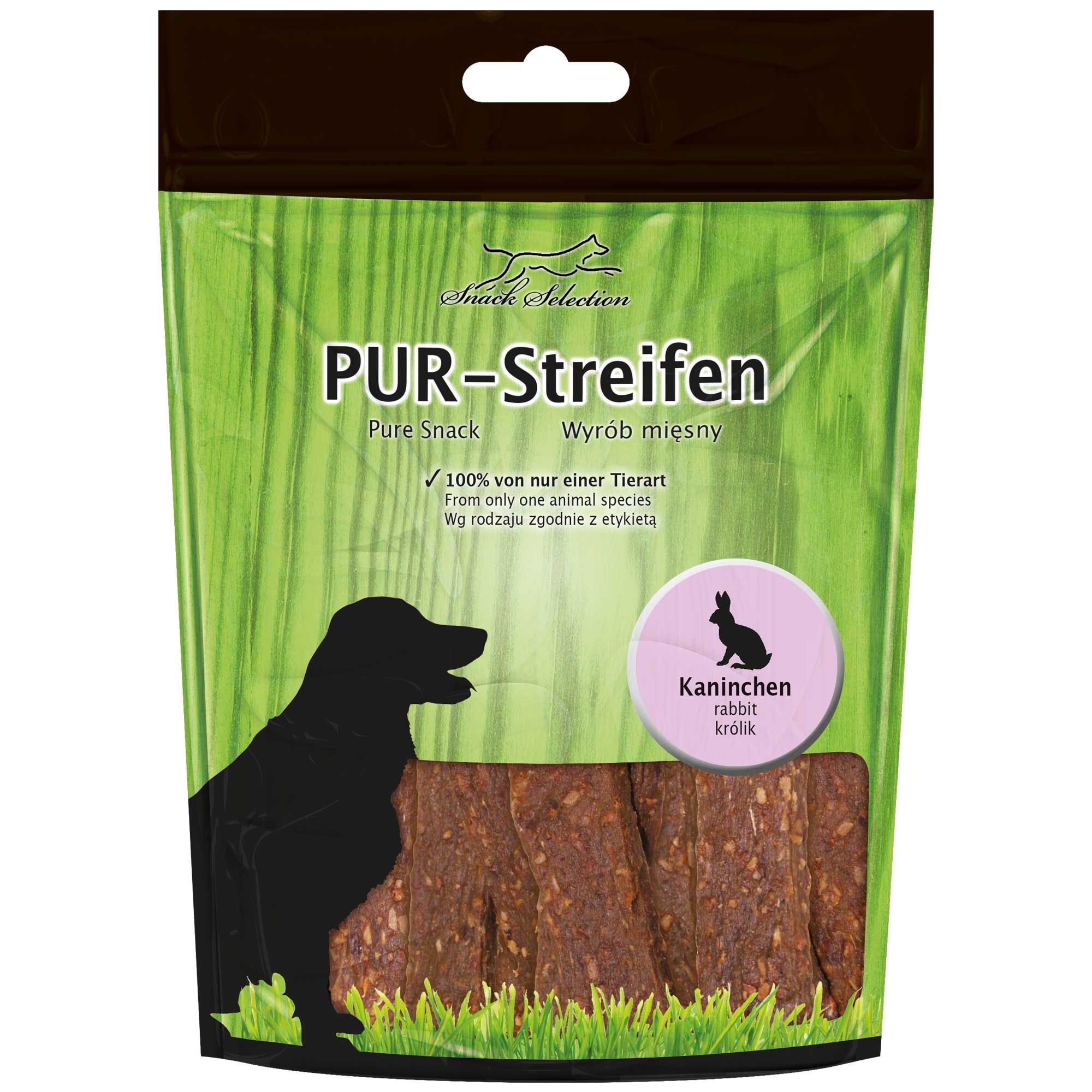 Einzelne Packung PUR-Streifen. Grün-transparenter Beutel mit Produktbezeichnung, Kaninchen-Illustration und Hundesilhouette. Inhalt sichtbar.