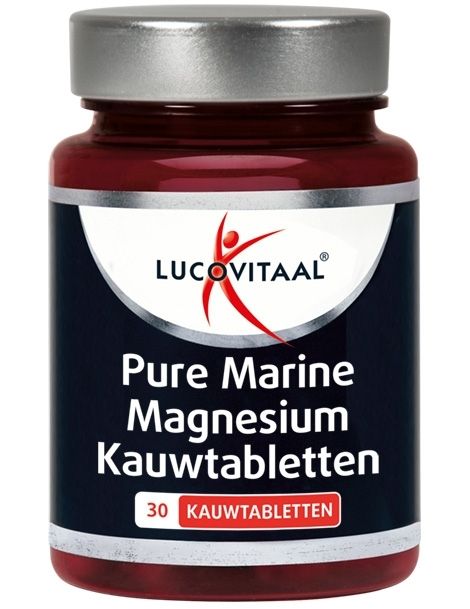 Braune Flasche mit Pure Marine Magnesium Kautabletten. Silberner Deckel, weißes Etikett mit Logo und Produktbezeichnung. 30 Tabletten.