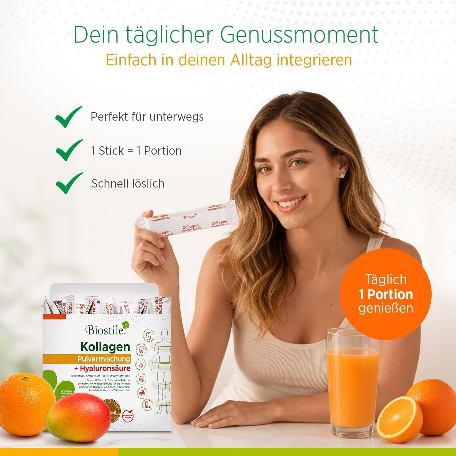 Frau hält Biostile Kollagen Beutel. Box mit 30x10g Beuteln, Orangen, Mango, Glas mit Getränk.