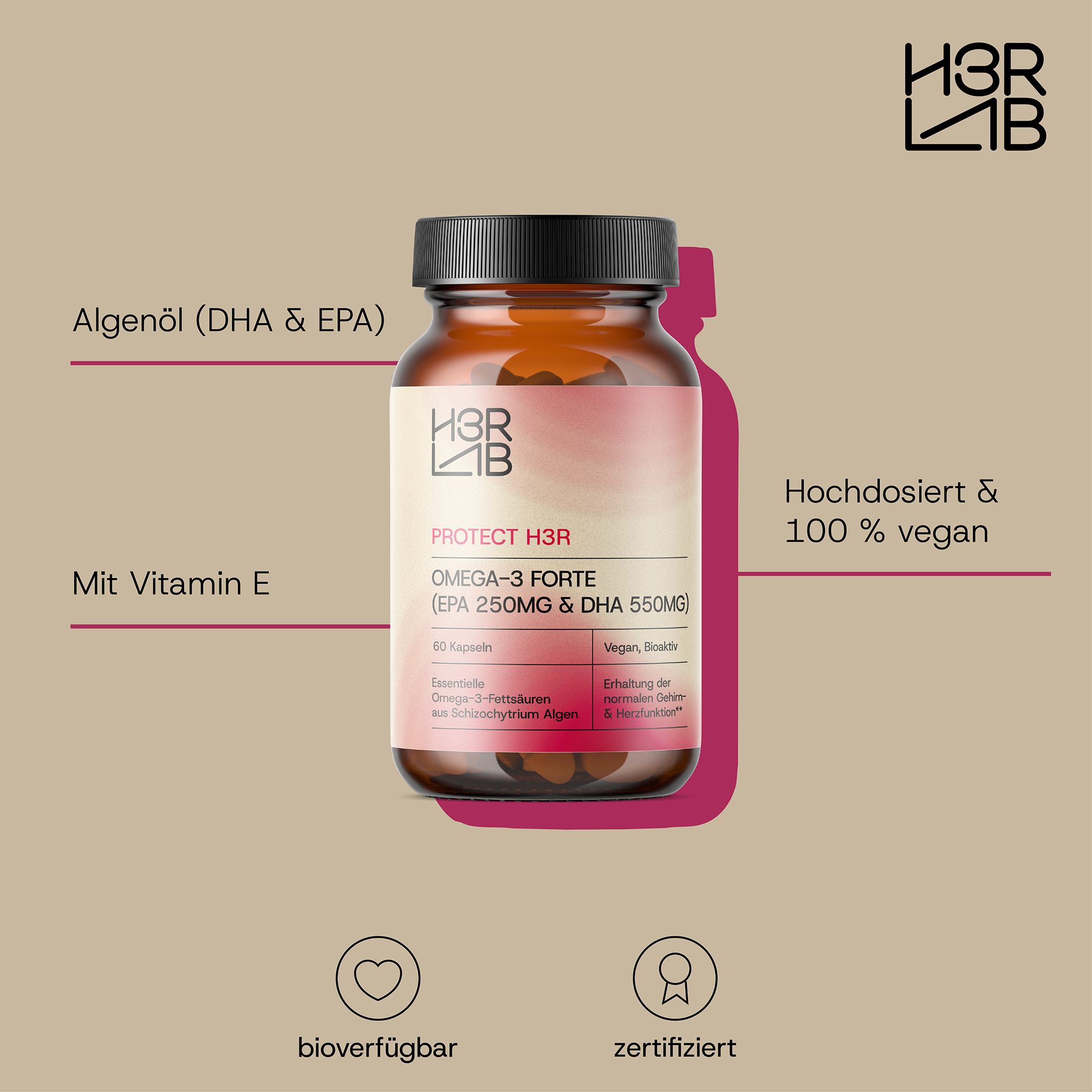 H3R LAB Vegan Omega-3 Forte – Algenöl mit DHA & EPA
