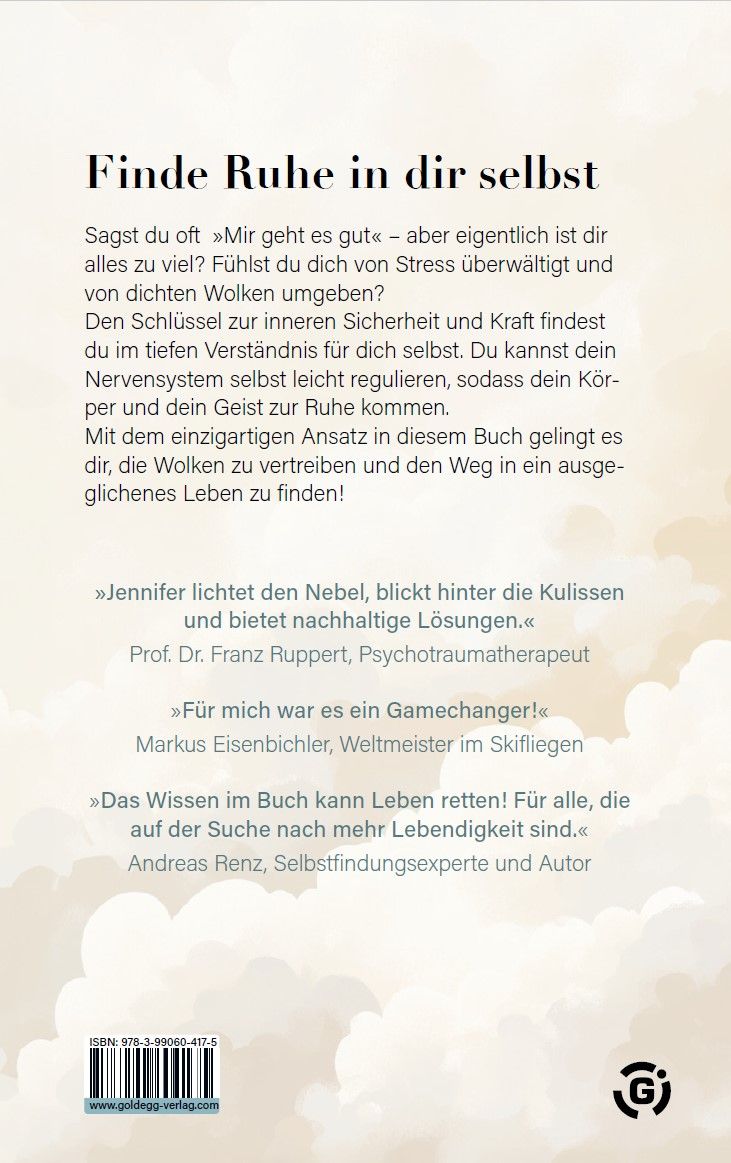 Buchrückseite mit Text. Titel: Finde Ruhe in dir selbst. Zitate von Jennifer, Prof. Dr. Franz Ruppert, Markus Eisenbichler, Andreas Renz. Goldegg-Logo und ISBN-Code.