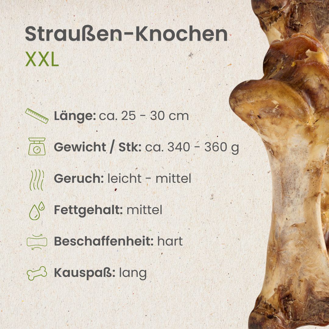 Straußen-Knochen XXL: 25-30 cm, 340-360g, hart, mittlerer Fettgehalt.