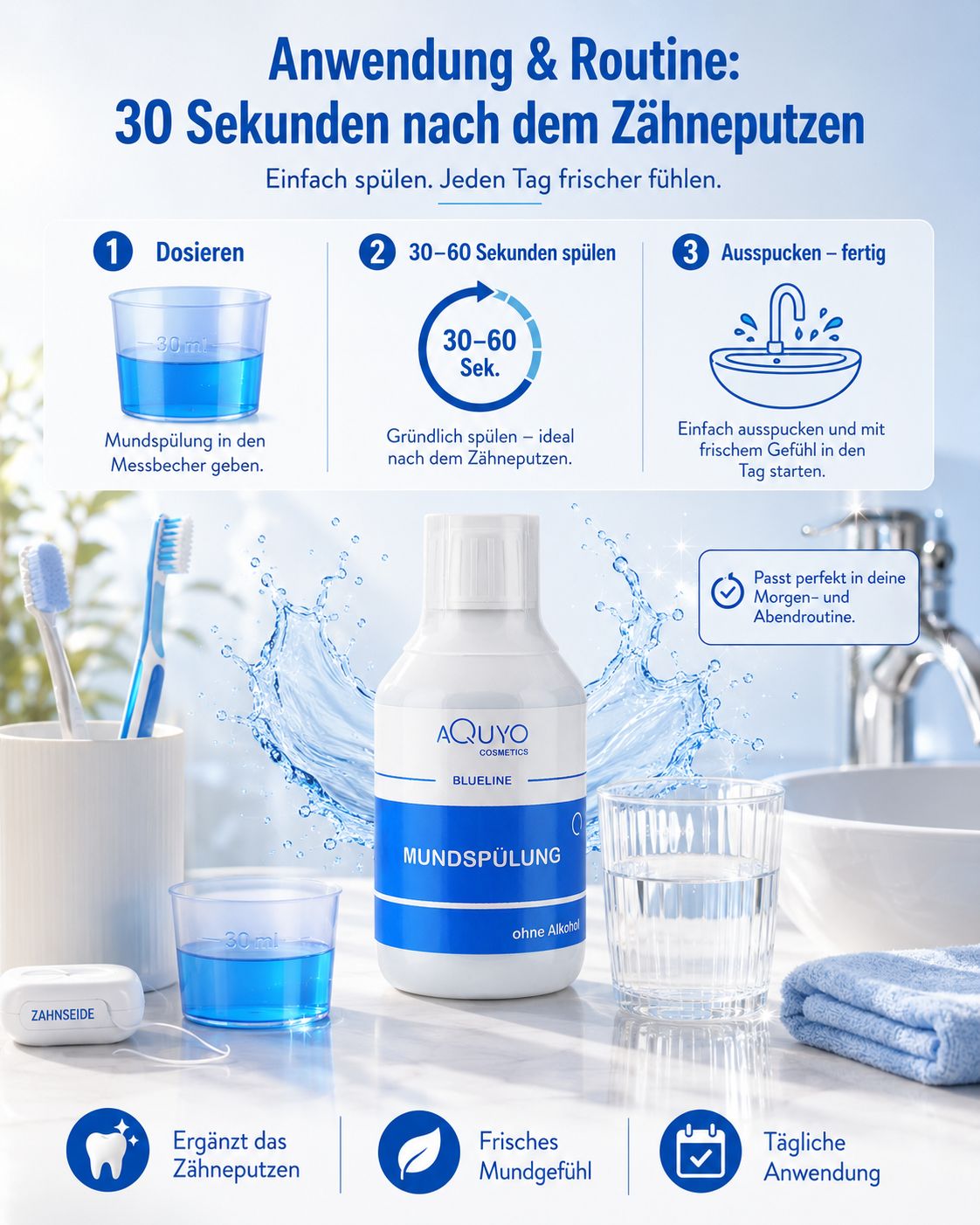 Blueline Mundspülung, blaue Flasche, weißer Deckel. Text: AQUYO COSMETICS, Mundspülung, ohne Alkohol. Umgebung: Zahnbürste, Glas, Becher.