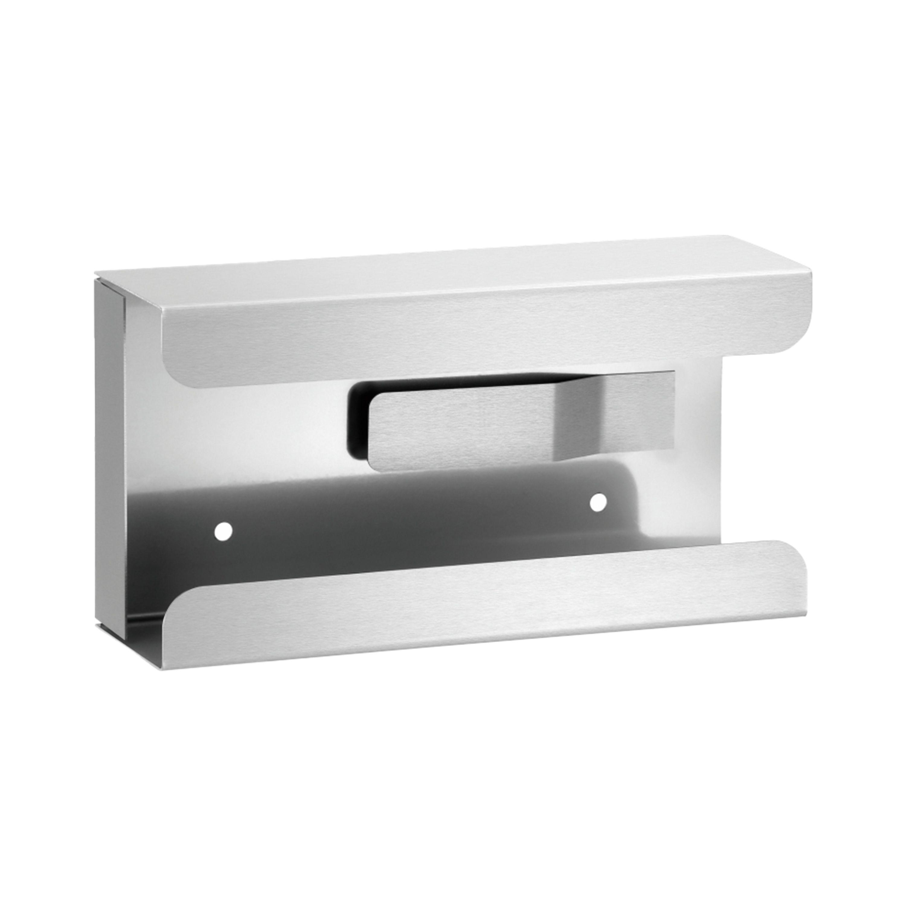 Edelstahl-Halterung für Handschuhbox. Rechteckige Form mit Aussparung und Halterung. Zwei Löcher. Metallisch glänzend.