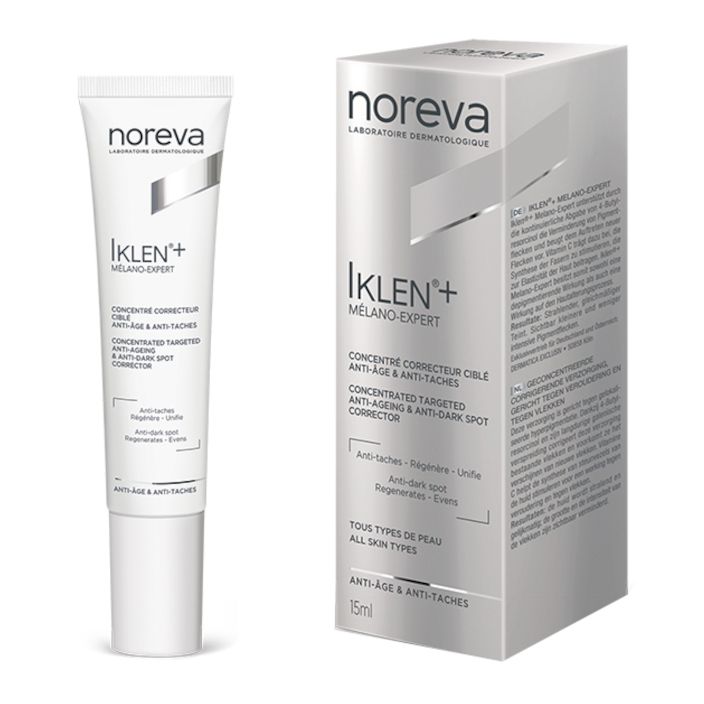 Noreva IKLEN+ Melano Expert. Tube und Schachtel. Weiß, silberfarbene Akzente. Text: Anti-Age & Anti-Flecken. 15ml.