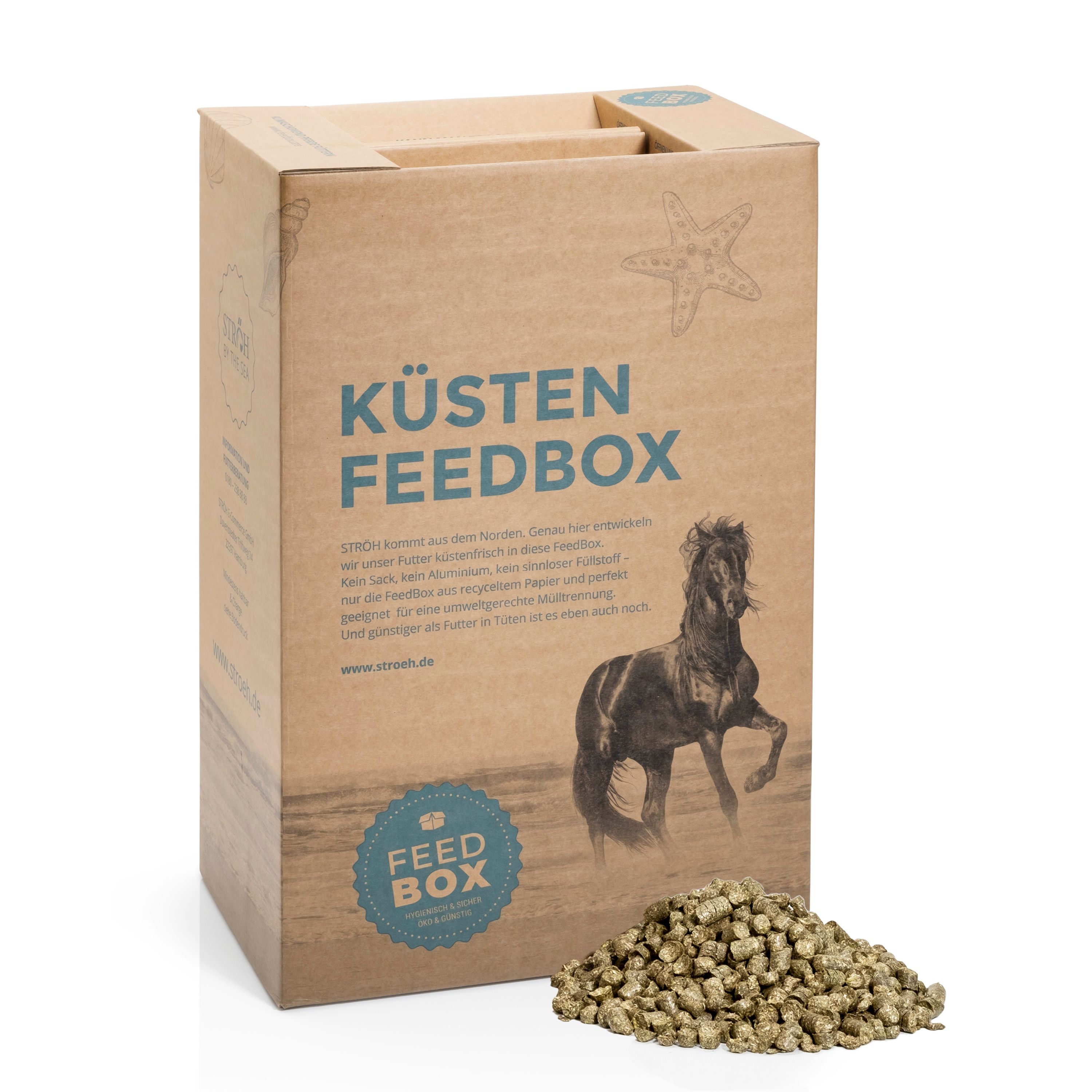 Karton "Küsten Feedbox" mit Heu-Luzerne-Cobs. Braune Box mit Logo und Pferdeabbildung. Haufen Cobs vor der Box.