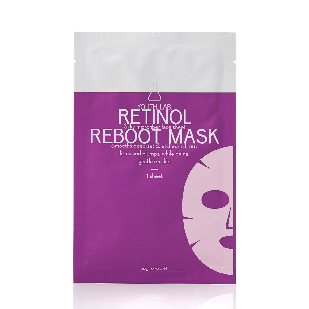 Violette Verpackung mit weißem oberen Teil. Aufschrift: YOUTH LAB RETINOL REBOOT MASK. 1 Sheet. Mikrofaser-Gesichtsmaske.